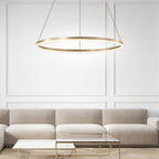 Gold accented ring chandelier in a classic living room