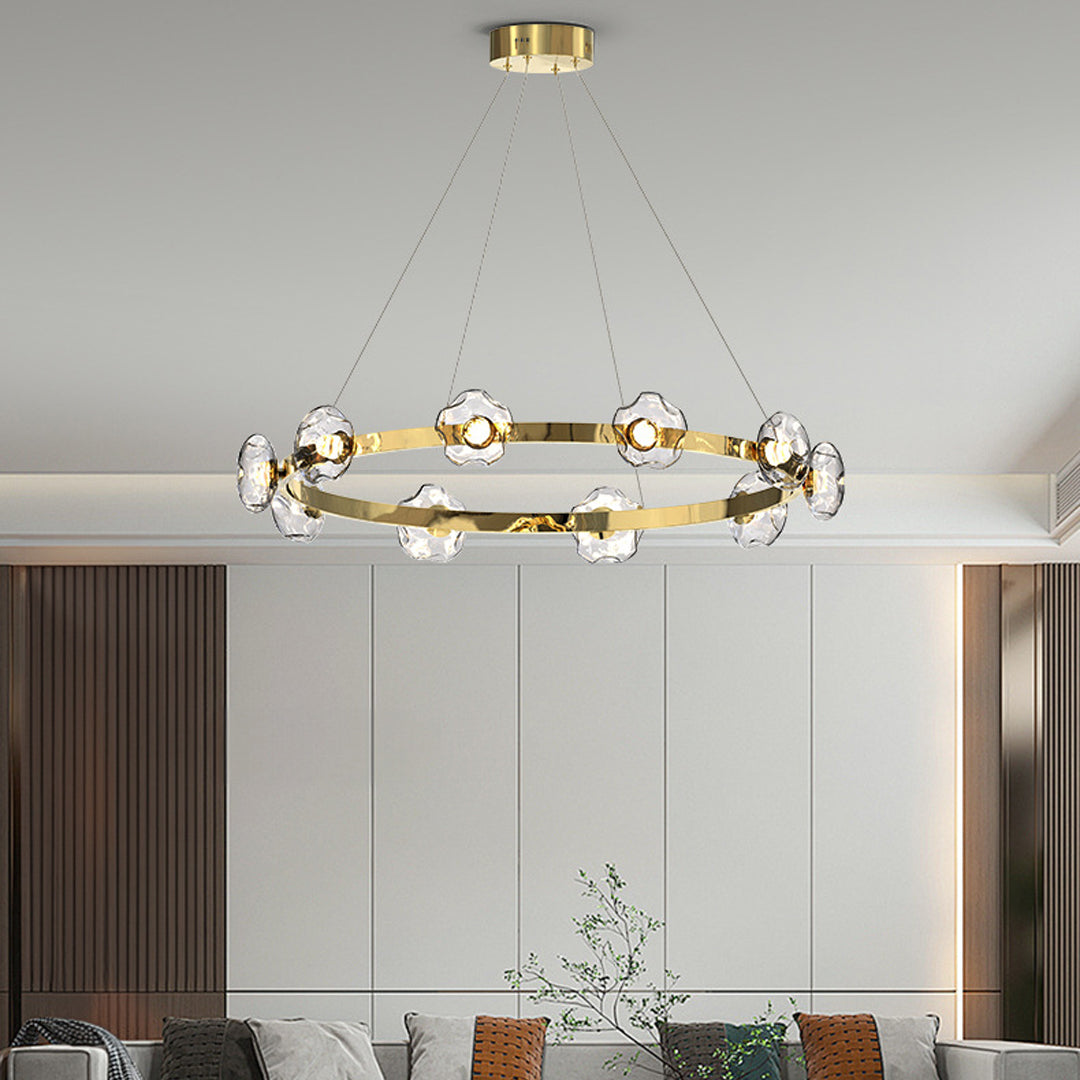 Six-light pendant with gold accents in a luxury dining room