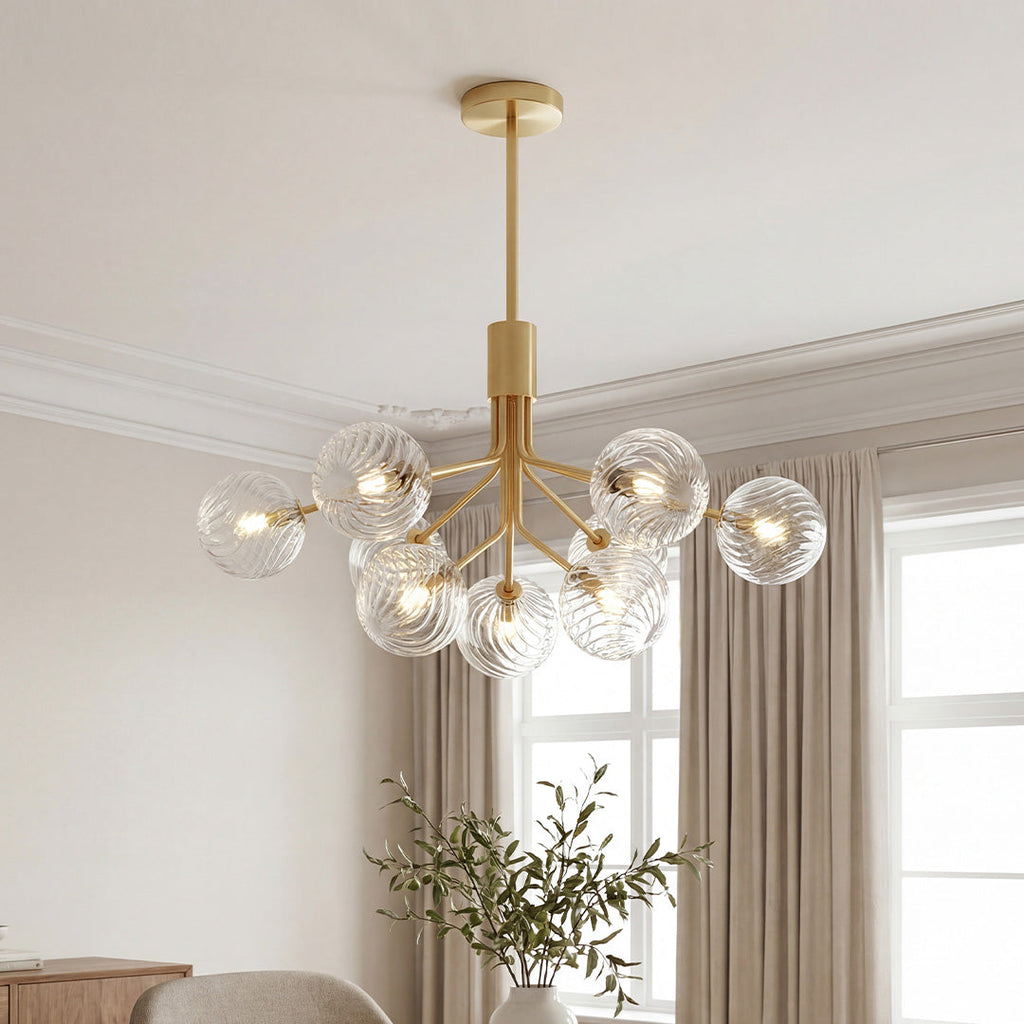Glass Globe Chandelier, Solid Copper Sputnik Ceiling Light for Living Room, 9 to 18 Lights