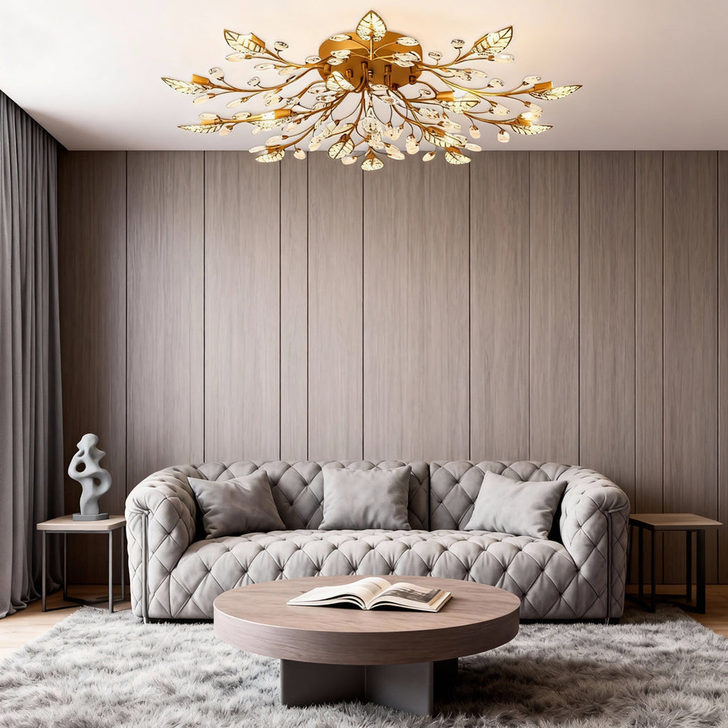 Gold brass branch chandelier in a modern home interior