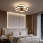 Gold ceiling fan with LED light in a bedroom