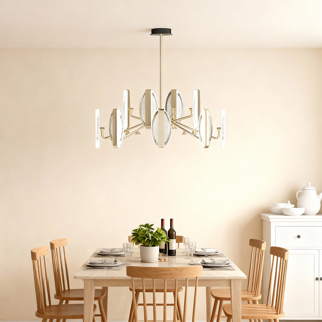 Gold cluster chandelier in a bright kitchen with natural wood