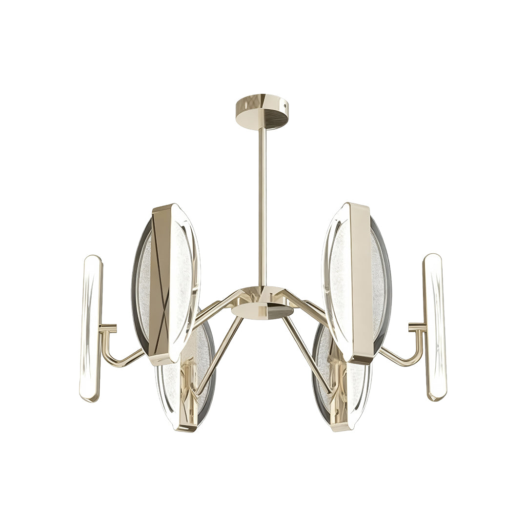 Symmetrical curved arms holding crystal shades