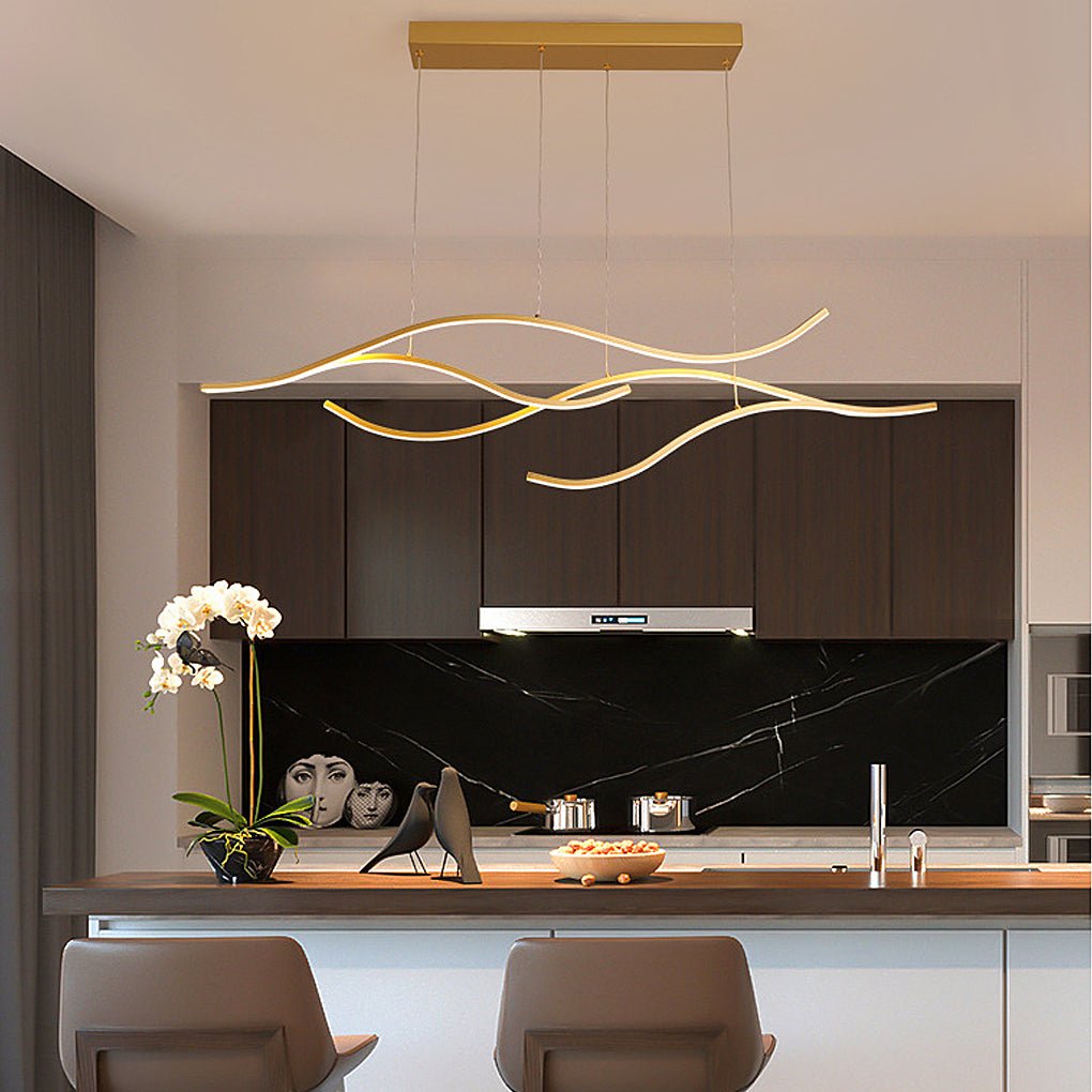 Curved LED Pendant Light, Wavy Linear Chandelier for Kitchen Island and Dining Table, Dimmable Modern Ceiling Light in Black, Gold or Chrome