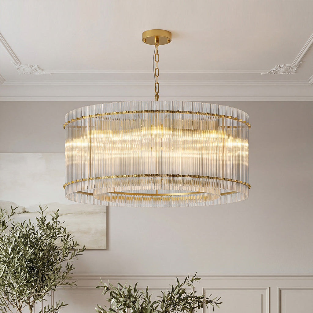 Gold drum chandelier with vertical glass rods