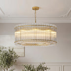 Gold drum chandelier with vertical glass rods