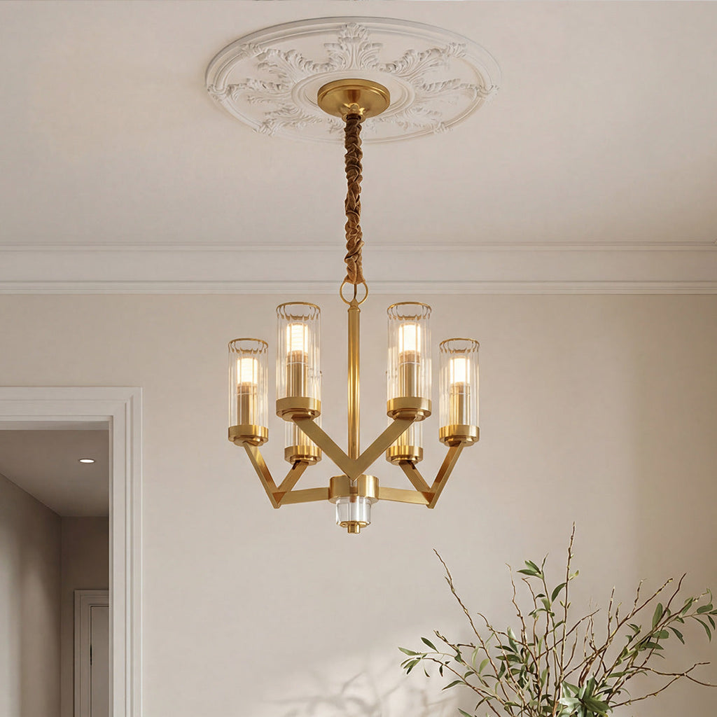 Gold glass drop chandelier with cylindrical shades