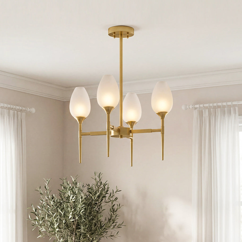 Gold chandelier with frosted tulip shaped shades
