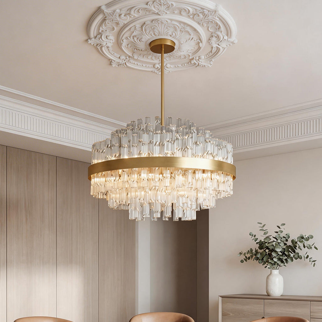Gold industrial chandelier with tiered crystal rods
