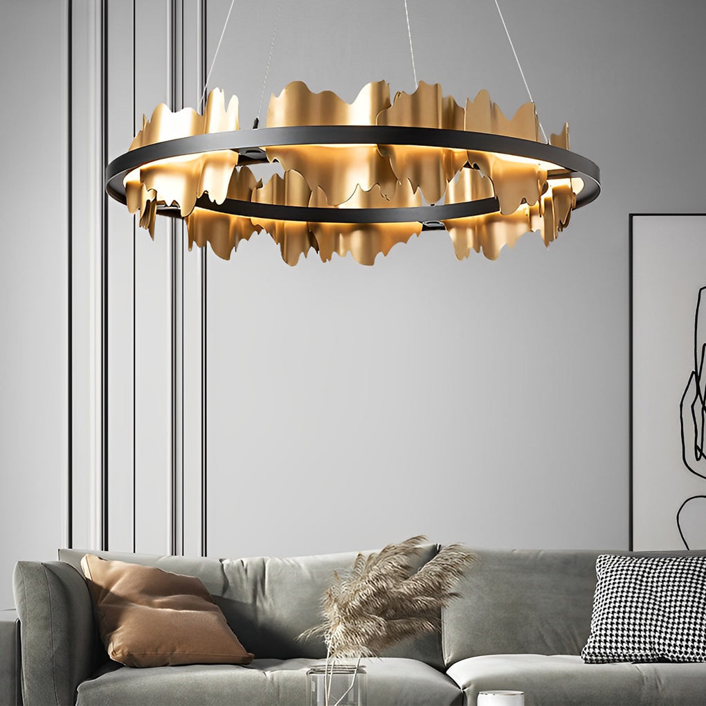 Black and gold leaf chandelier in a contemporary space