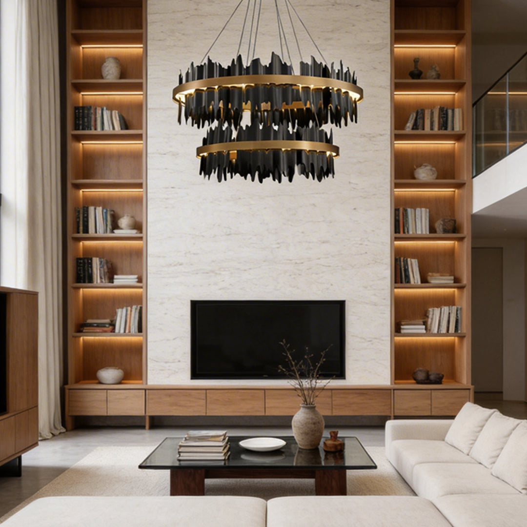 Gold leaf chandelier lighting a contemporary sofa