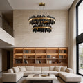 Gold leaf chandelier in a luxurious modern living room