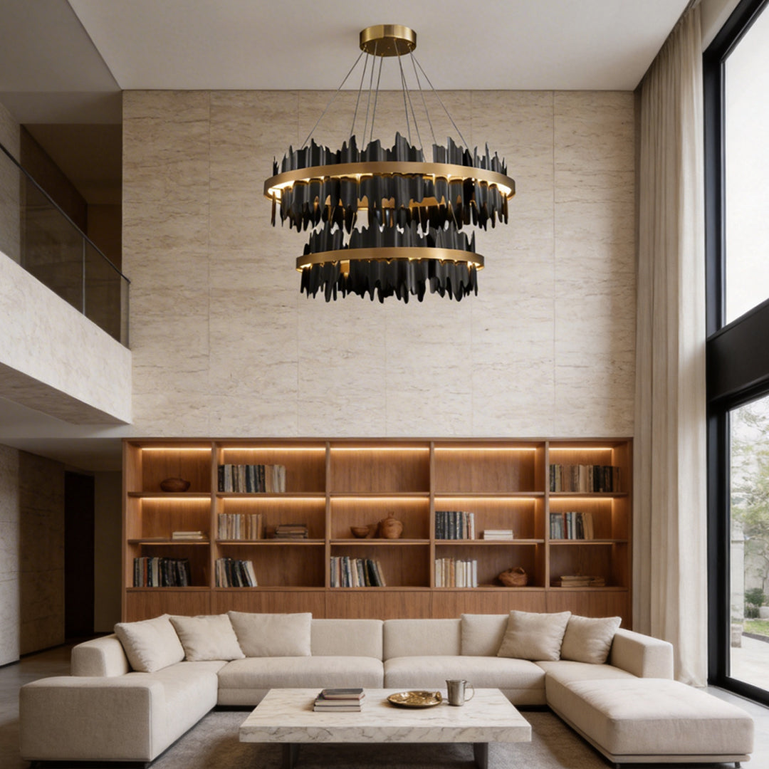 Gold leaf chandelier in a luxurious modern living room