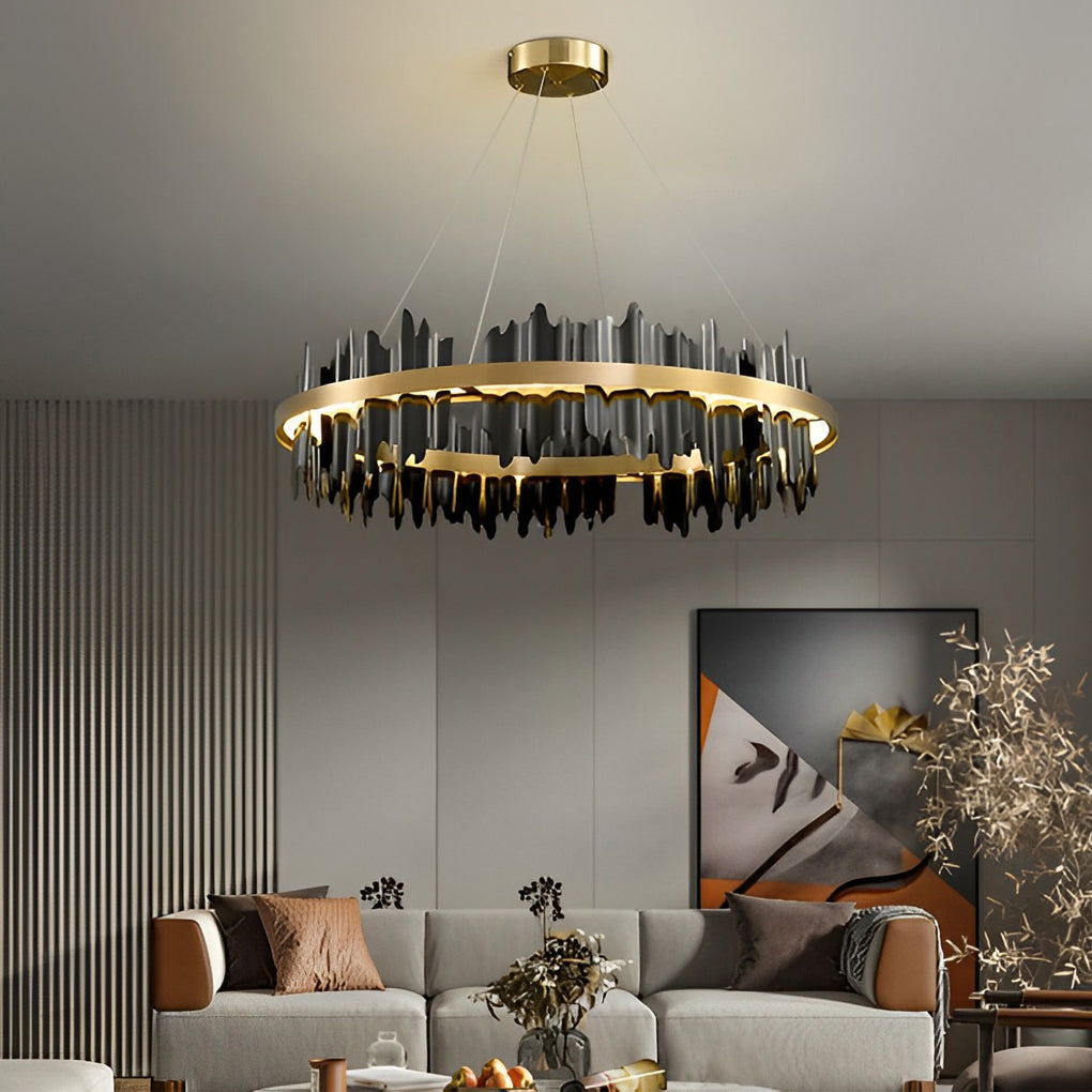 Sleek black and gold leaf chandelier in a stylish interior