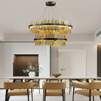 Gold leaf chandelier giving warm light in a cozy living room