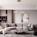 Gold LED ring chandelier in a modern living room