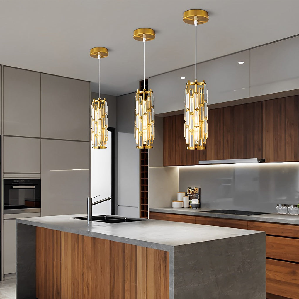 Mini Crystal Pendant Light, Industrial Iron and Crystal Glass Hanging Light for Kitchen Island and Bar, 1 or 3-Light in Black, Gold or Chrome