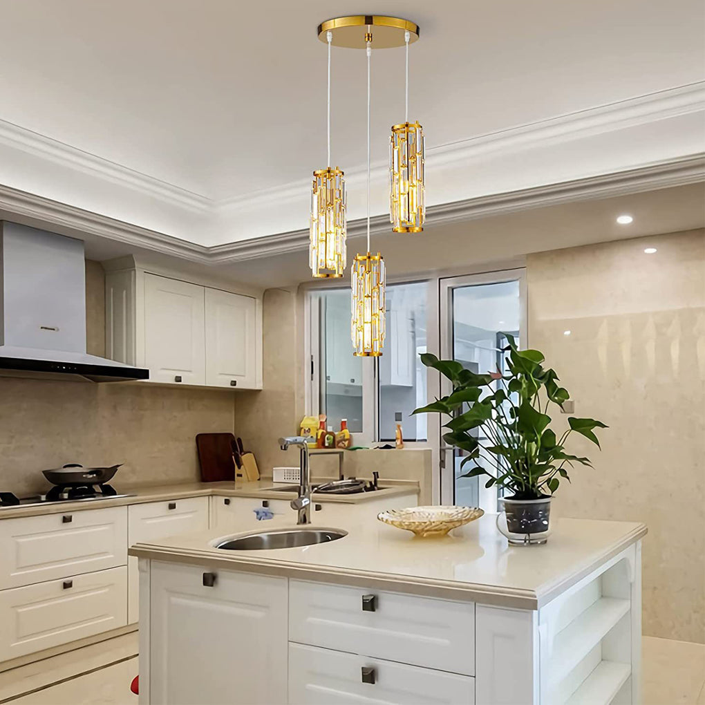 Mini Crystal Pendant Light, Industrial Iron and Crystal Glass Hanging Light for Kitchen Island and Bar, 1 or 3-Light in Black, Gold or Chrome