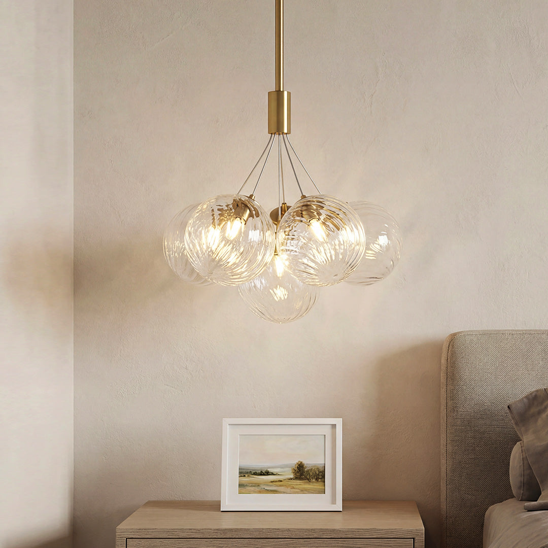 Gold bubble chandelier with a textured glass cluster