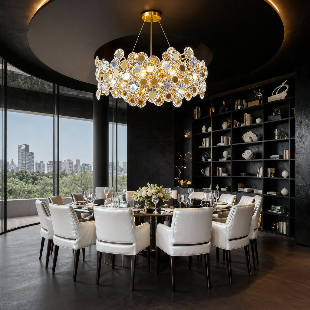 Gold chandelier above a marble table with skyline views