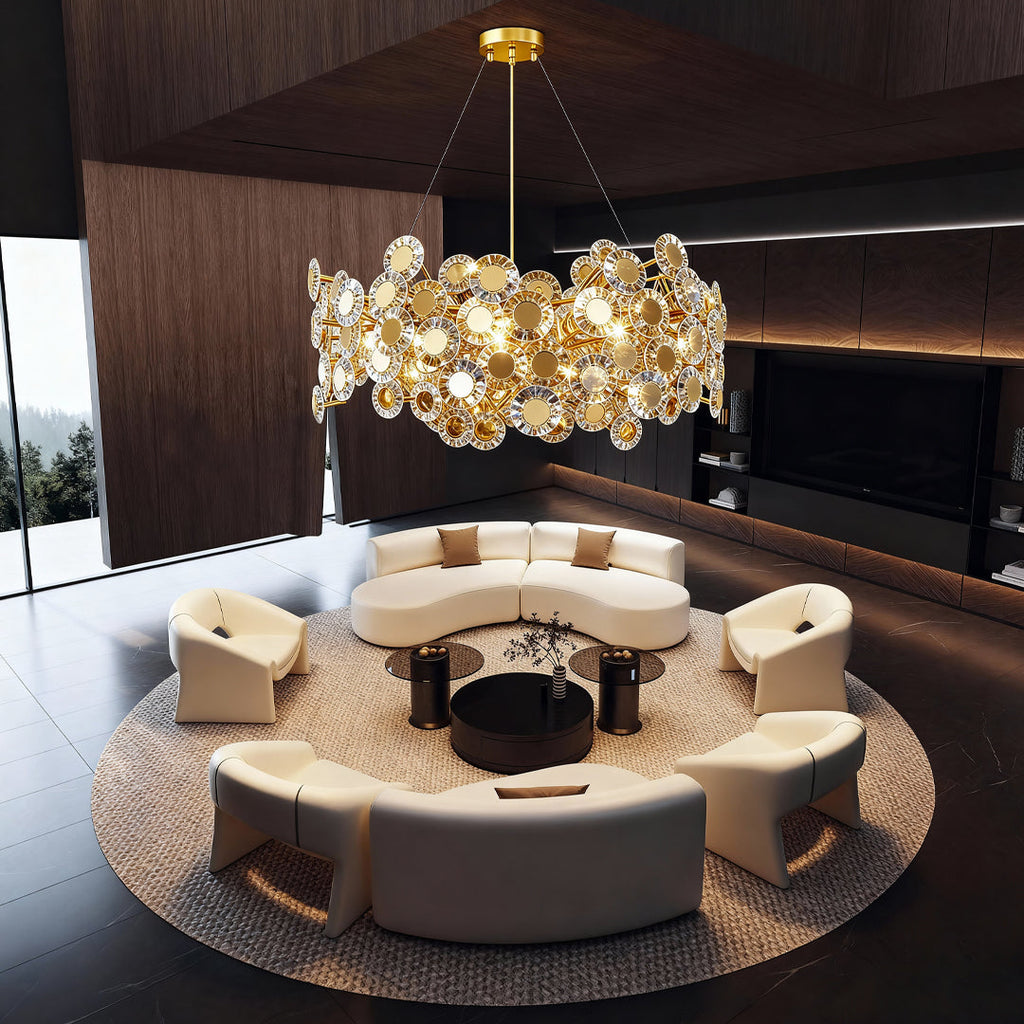 Gold chandelier over a round dark wood dining table