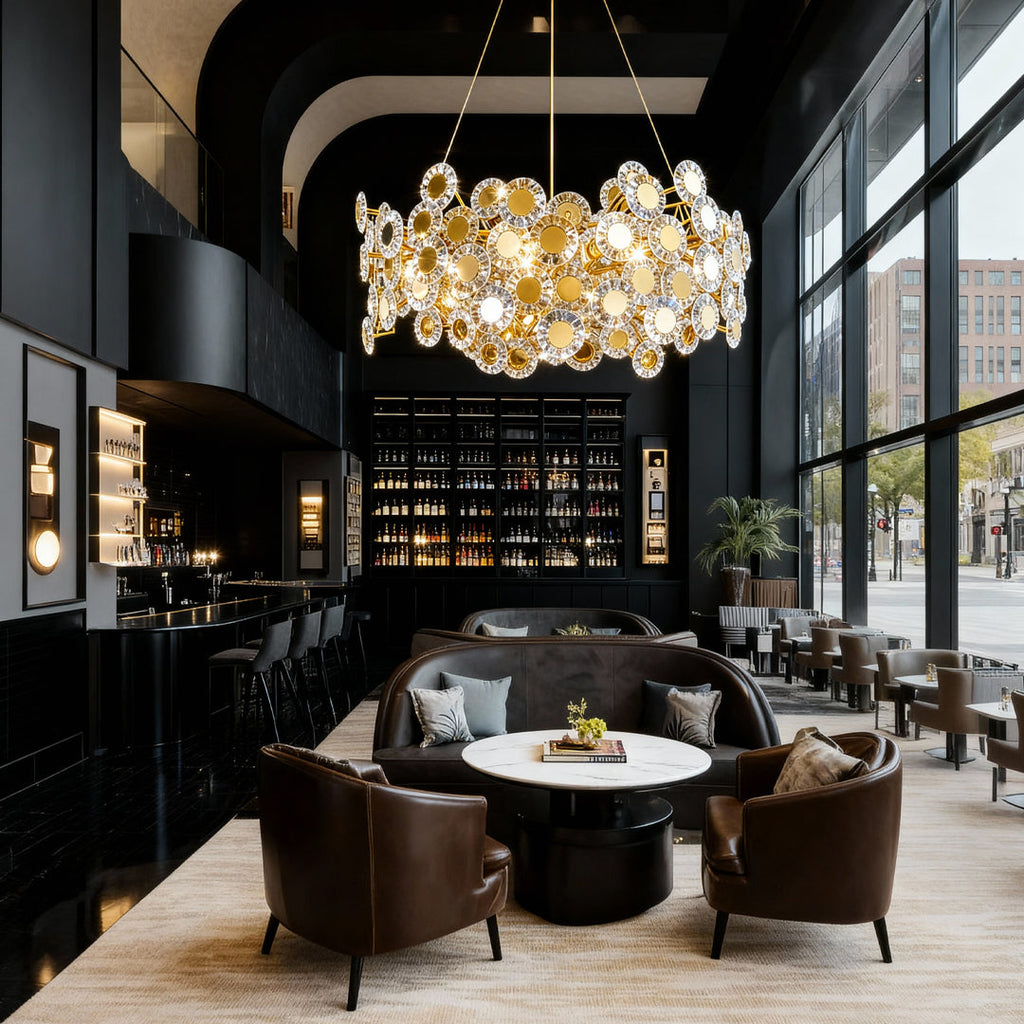 Gold chandelier hanging above circular lounge seating