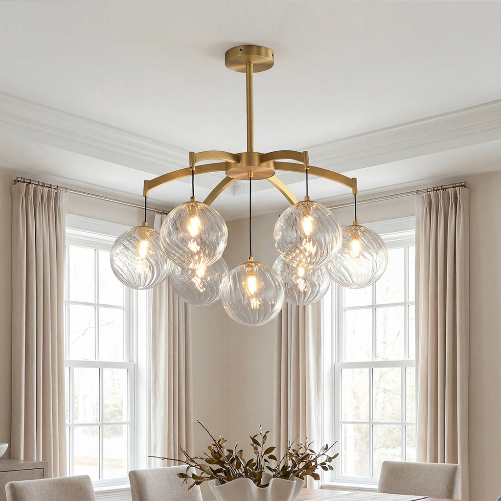 Glass Ball Chandelier, Full Brass and Clear Glass Ceiling Light for Living Room, 7 to 13 Lights