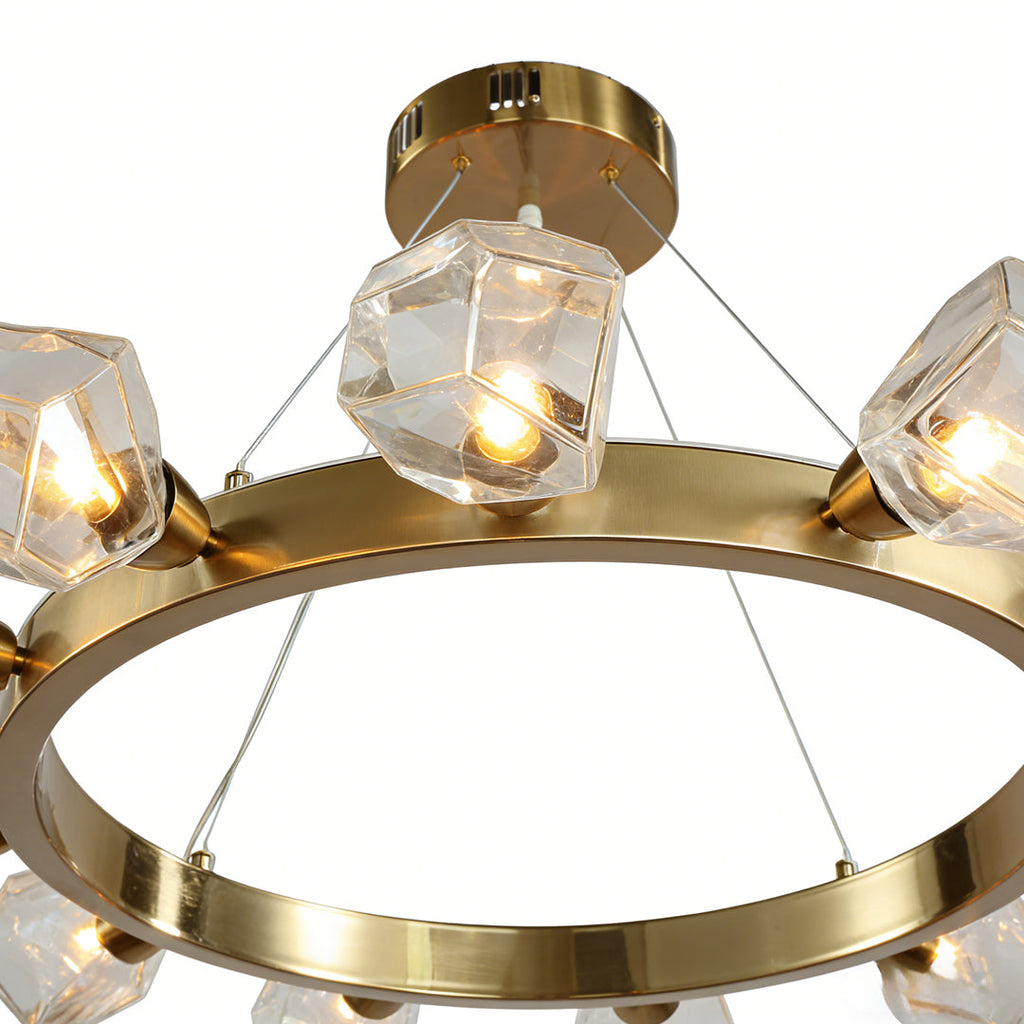 Round Chandelier, Gold Metal and Clear Glass Ring Ceiling Light for Entryway, Adjustable Cord