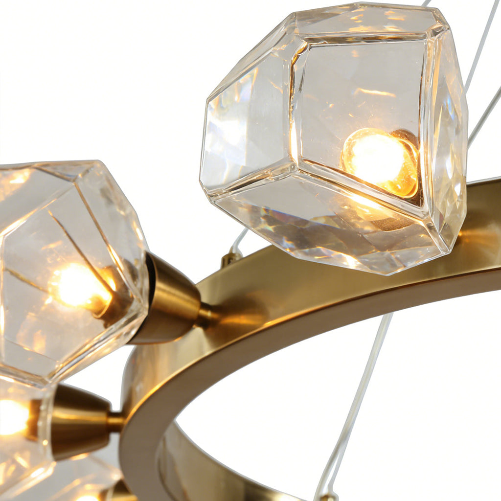 Round Chandelier, Gold Metal and Clear Glass Ring Ceiling Light for Entryway, Adjustable Cord