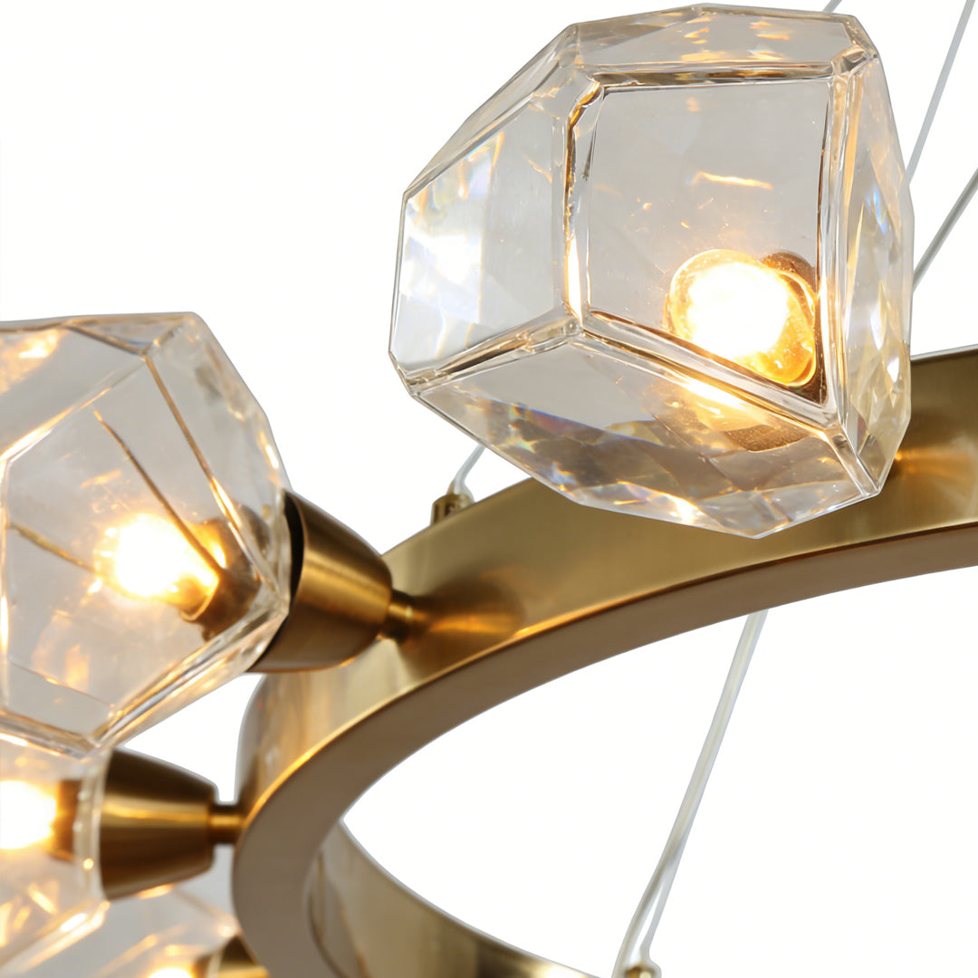 Round Chandelier, Gold Metal and Clear Glass Ring Ceiling Light for Entryway, Adjustable Cord