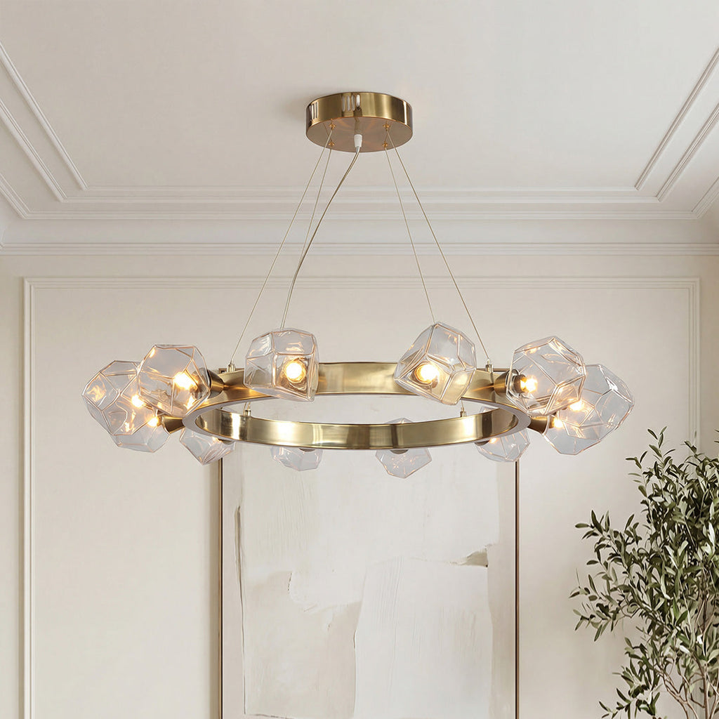 Round Chandelier, Gold Metal and Clear Glass Ring Ceiling Light for Entryway, Adjustable Cord