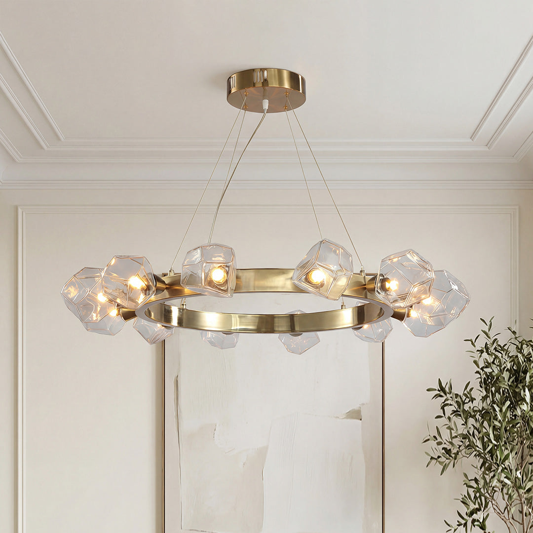 Round Chandelier, Gold Metal and Clear Glass Ring Ceiling Light for Entryway, Adjustable Cord