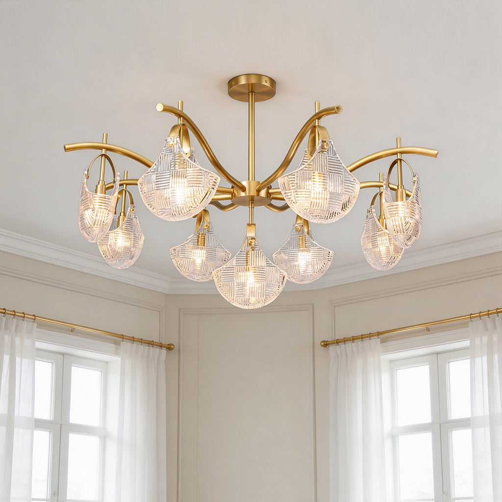 Gold shell chandelier with textured clear glass shades