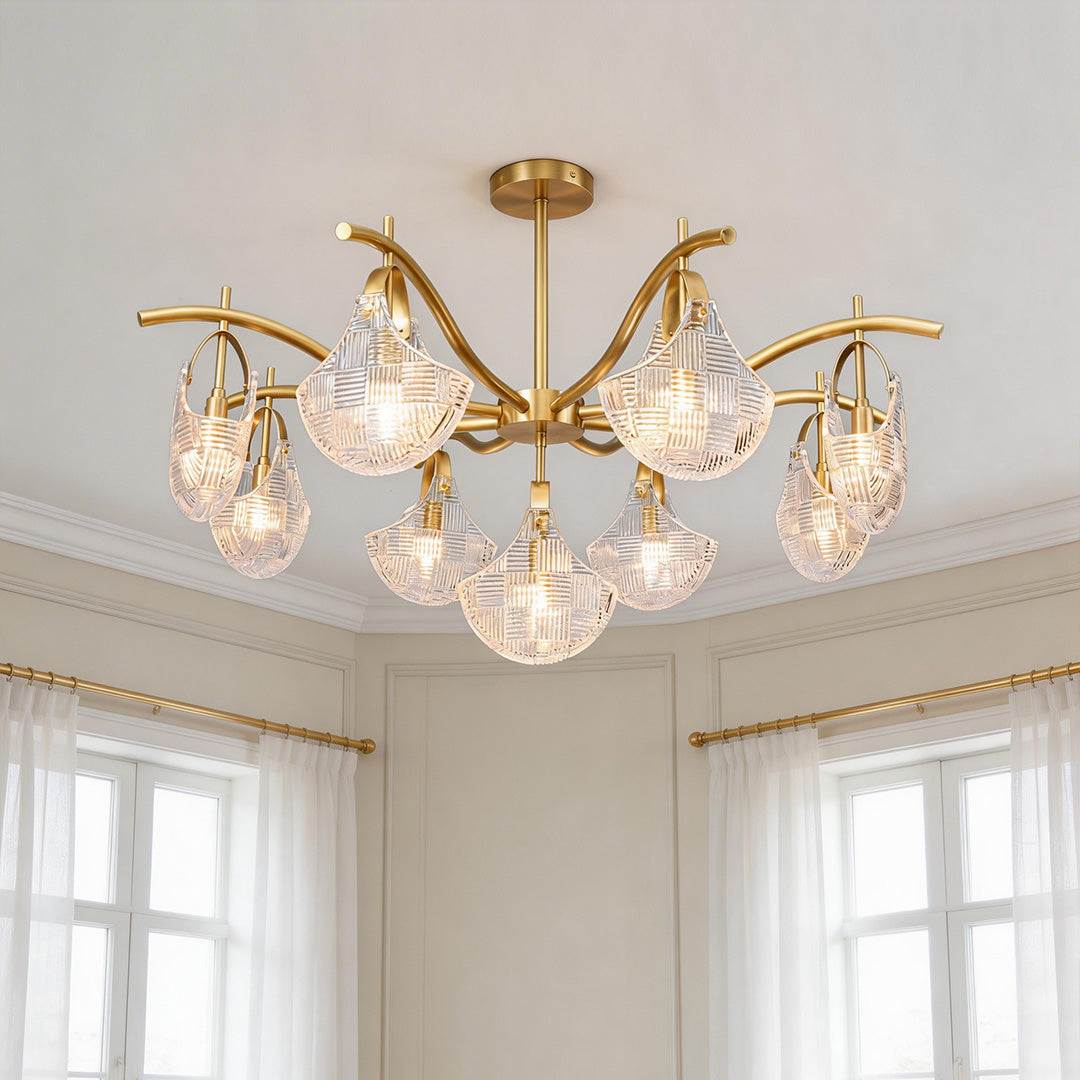 Gold shell chandelier with textured clear glass shades