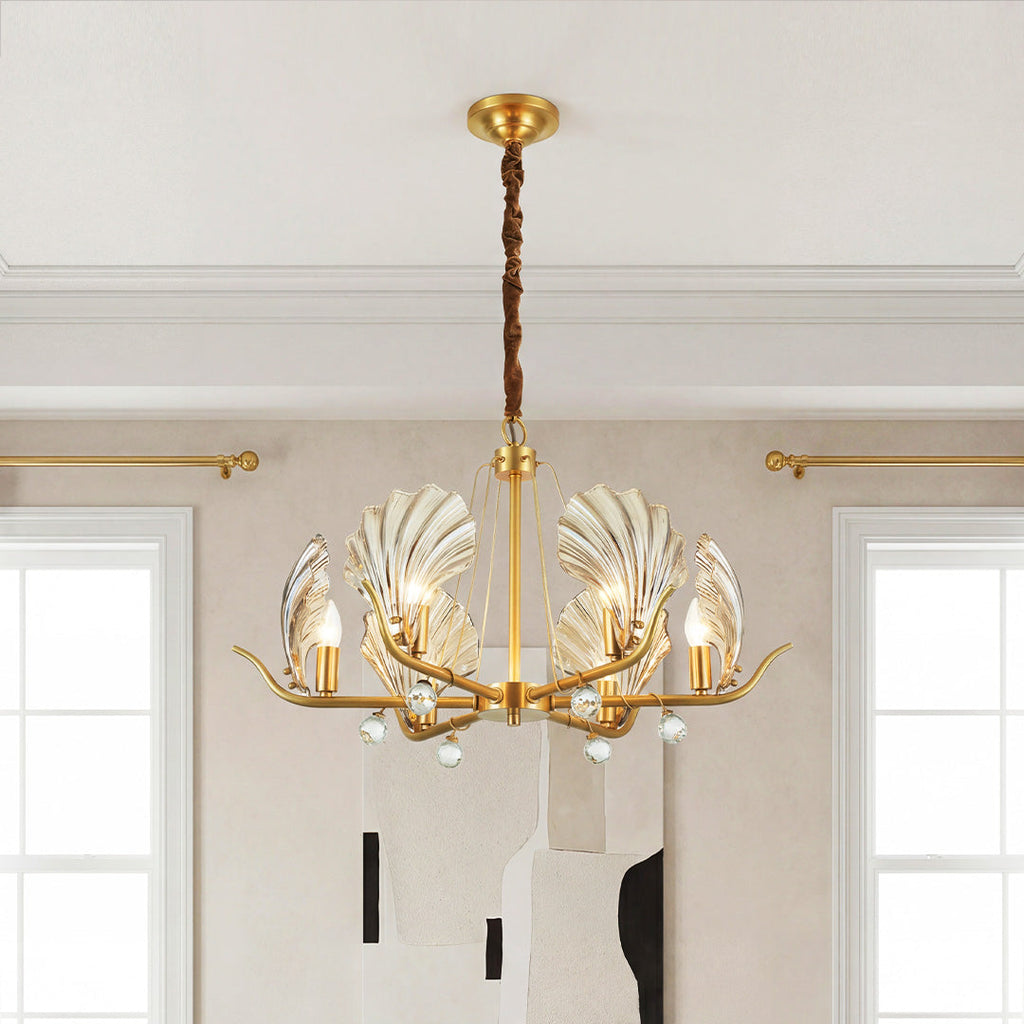 Gold shell chandelier with fluted glass and crystal shades