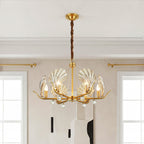 Gold shell chandelier with fluted glass and crystal shades