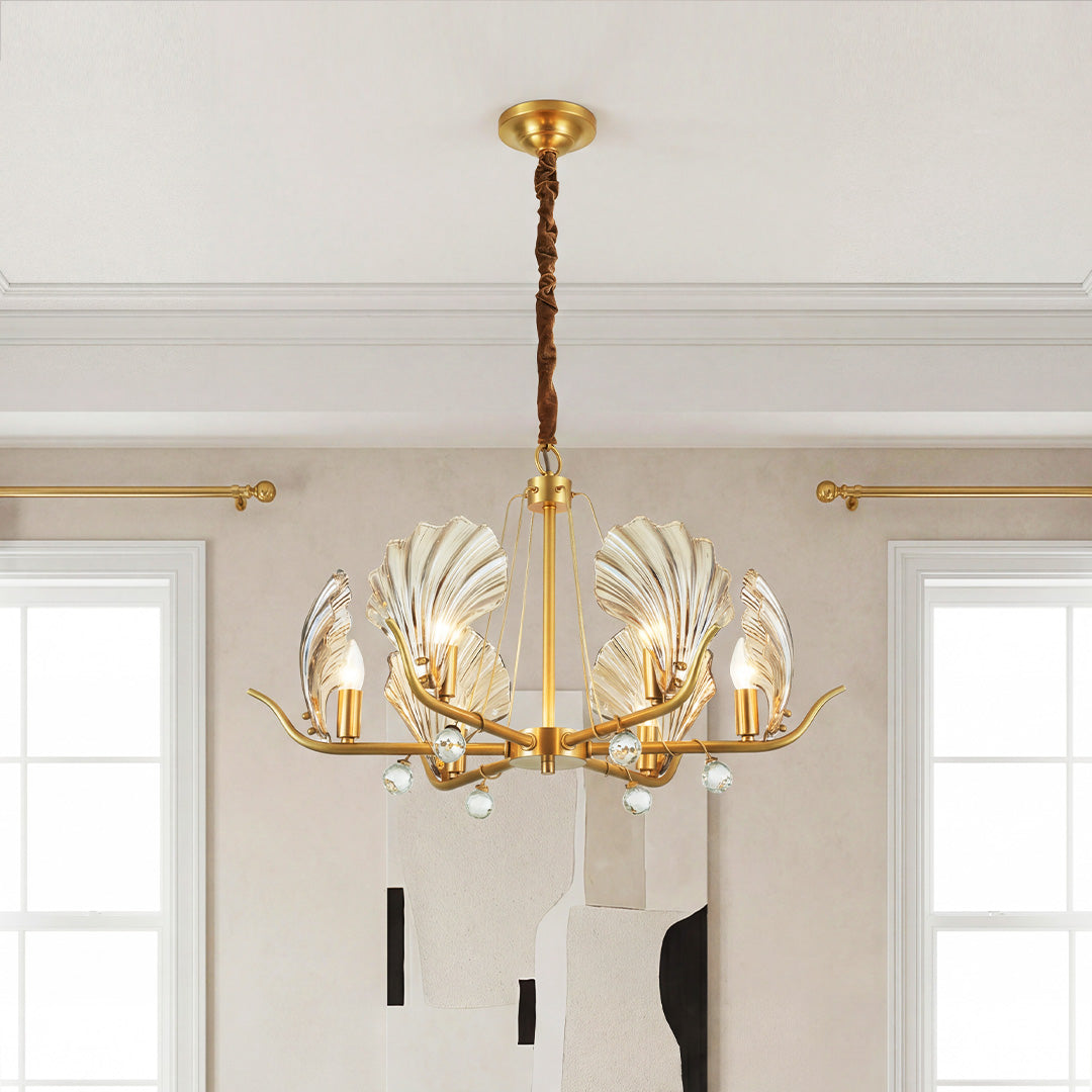 Gold shell chandelier with fluted glass and crystal shades