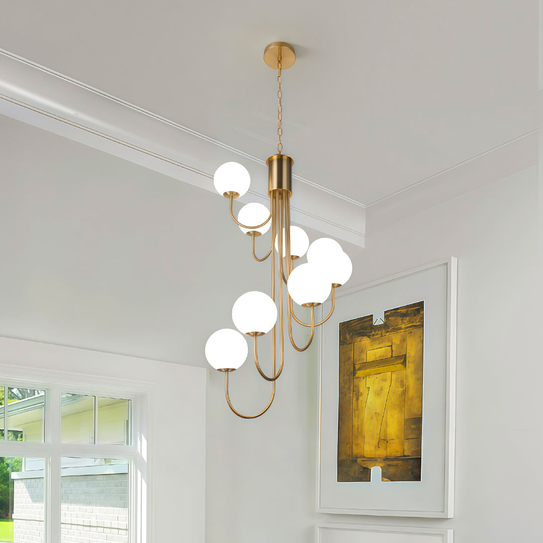 Gold spiral globe chandelier in a living room