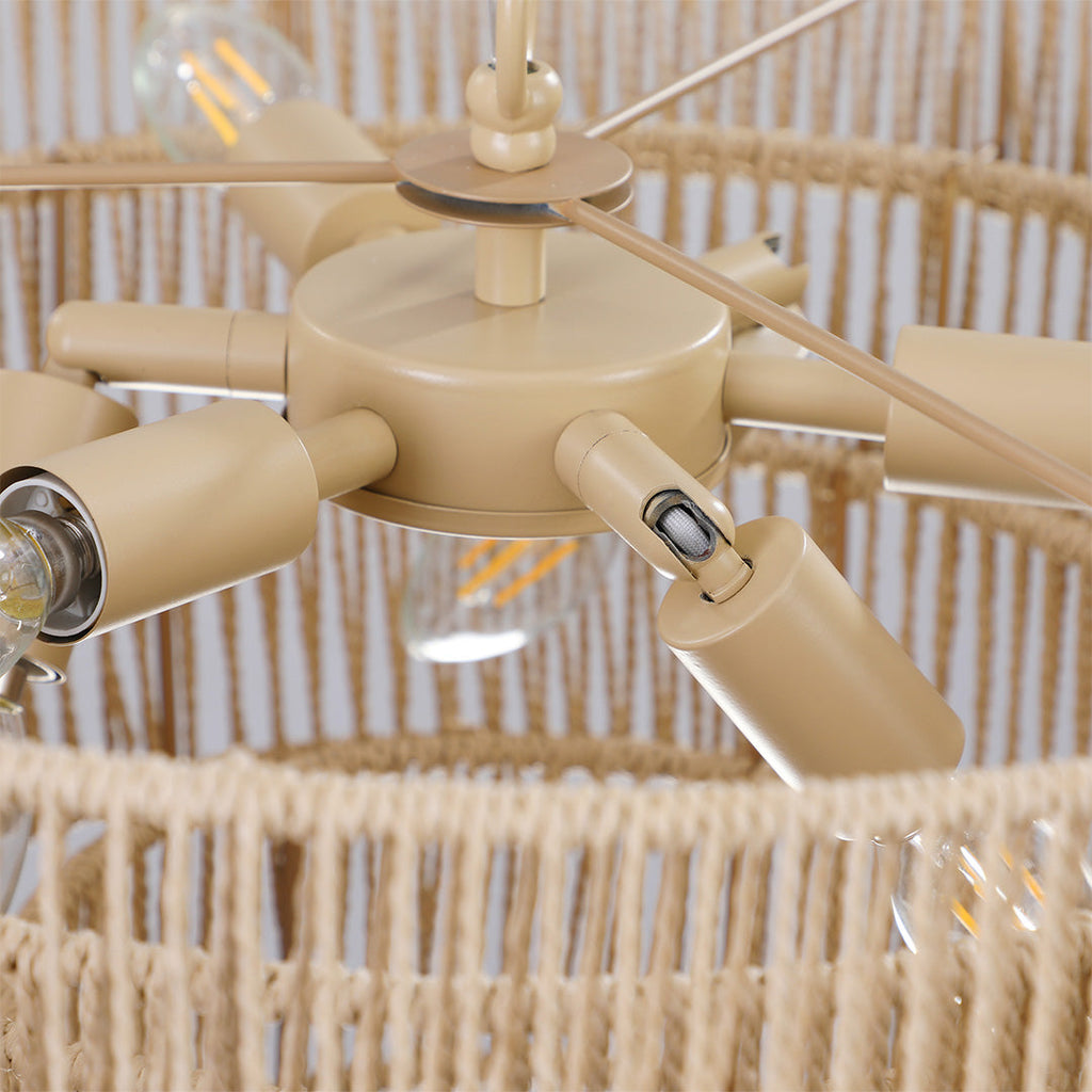 Japanese Chandelier, Iron and Jute Rope Zen Ceiling Light for Dining Room, 6 or 8 Lights