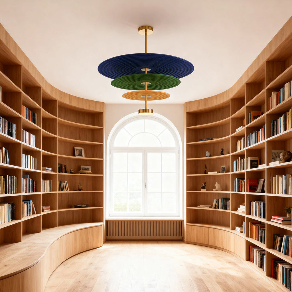 Grand felt chandelier in a curved home library