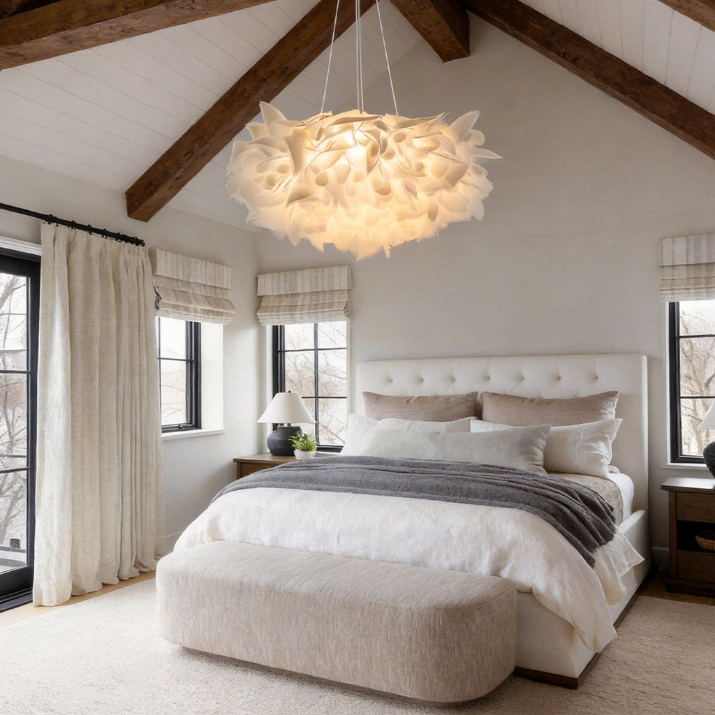 Petal pendant light giving warm light in a cozy bedroom