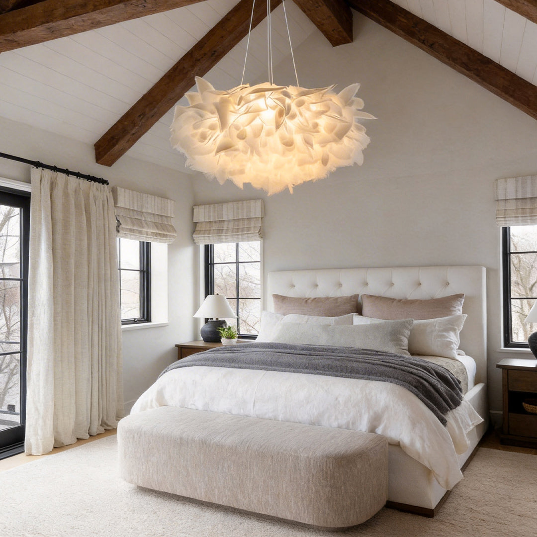 Petal pendant light giving warm light in a cozy bedroom