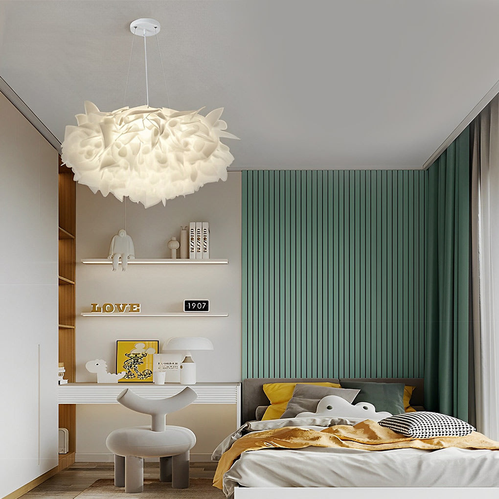 Petal pendant light glowing gently in a stylish bedroom