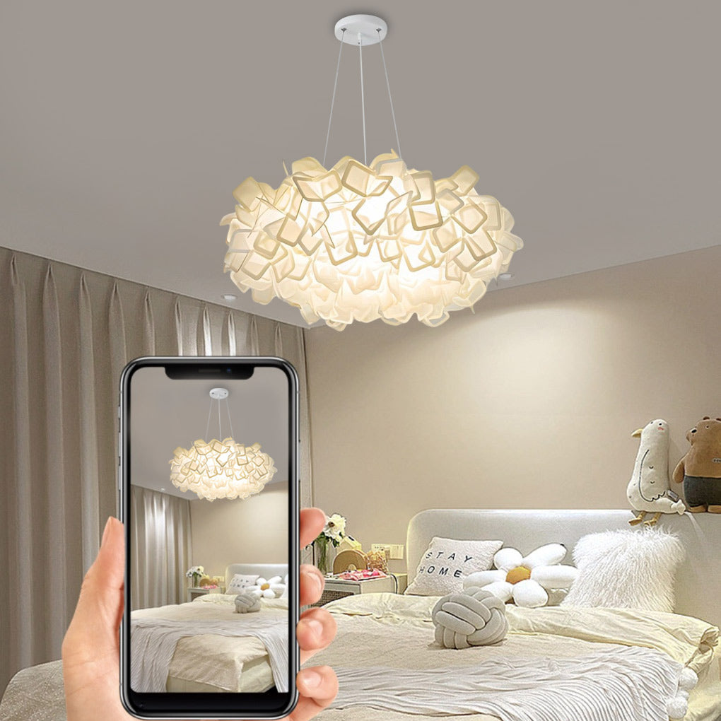 Petal pendant light in a bedroom with green curtains