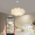 Petal pendant light in a bedroom with green curtains
