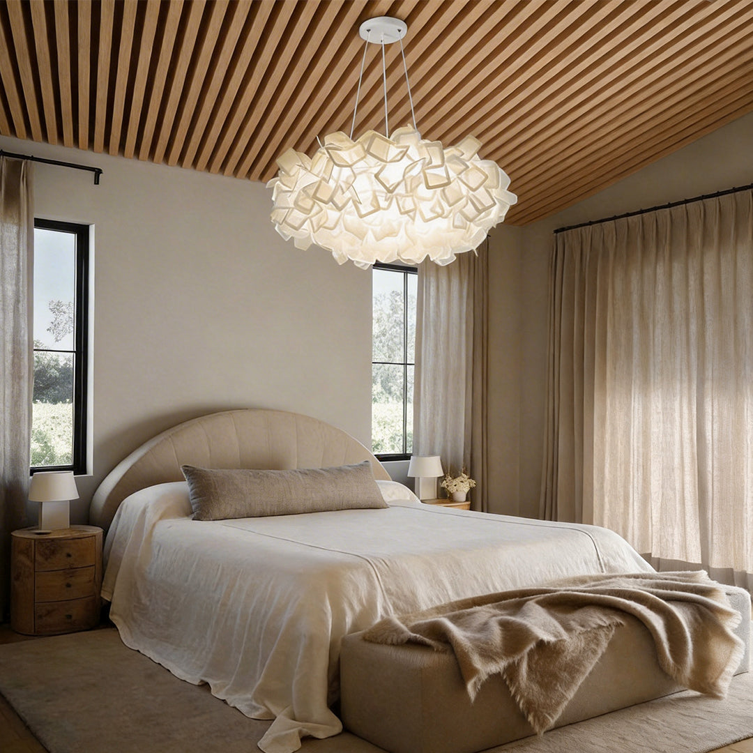 Layered petal pendant light giving soft light in a modern bedroom