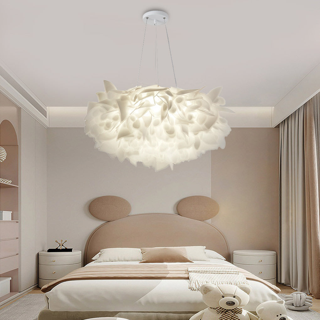Petal pendant light in a modern bedroom in neutral tones