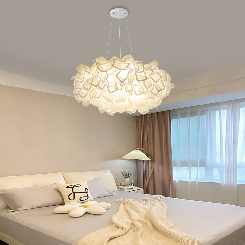 Artistic petal pendant light hanging in a spacious bedroom