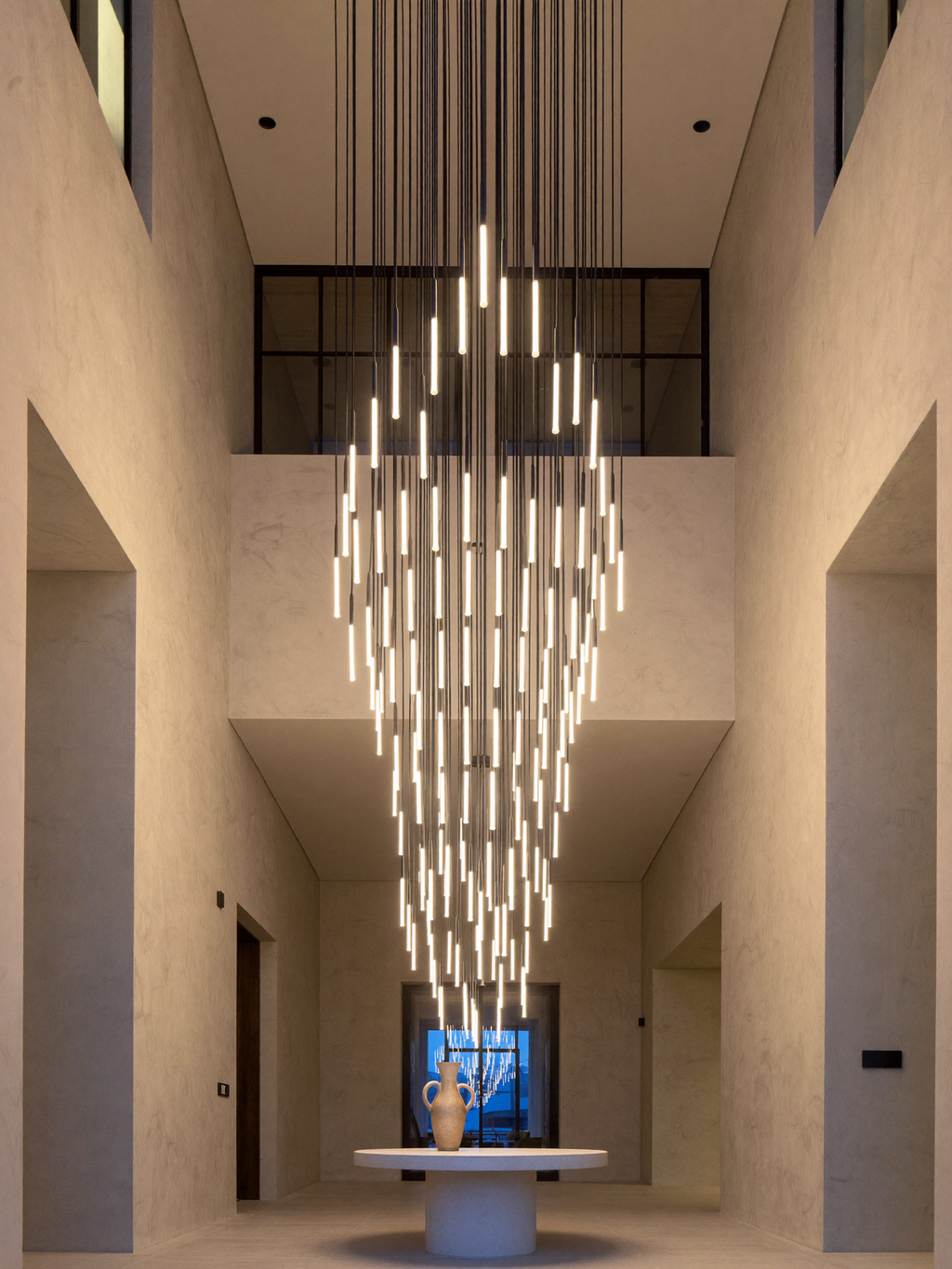 Cylindrical LED staircase chandelier glowing warm white in a double-height entry foyer