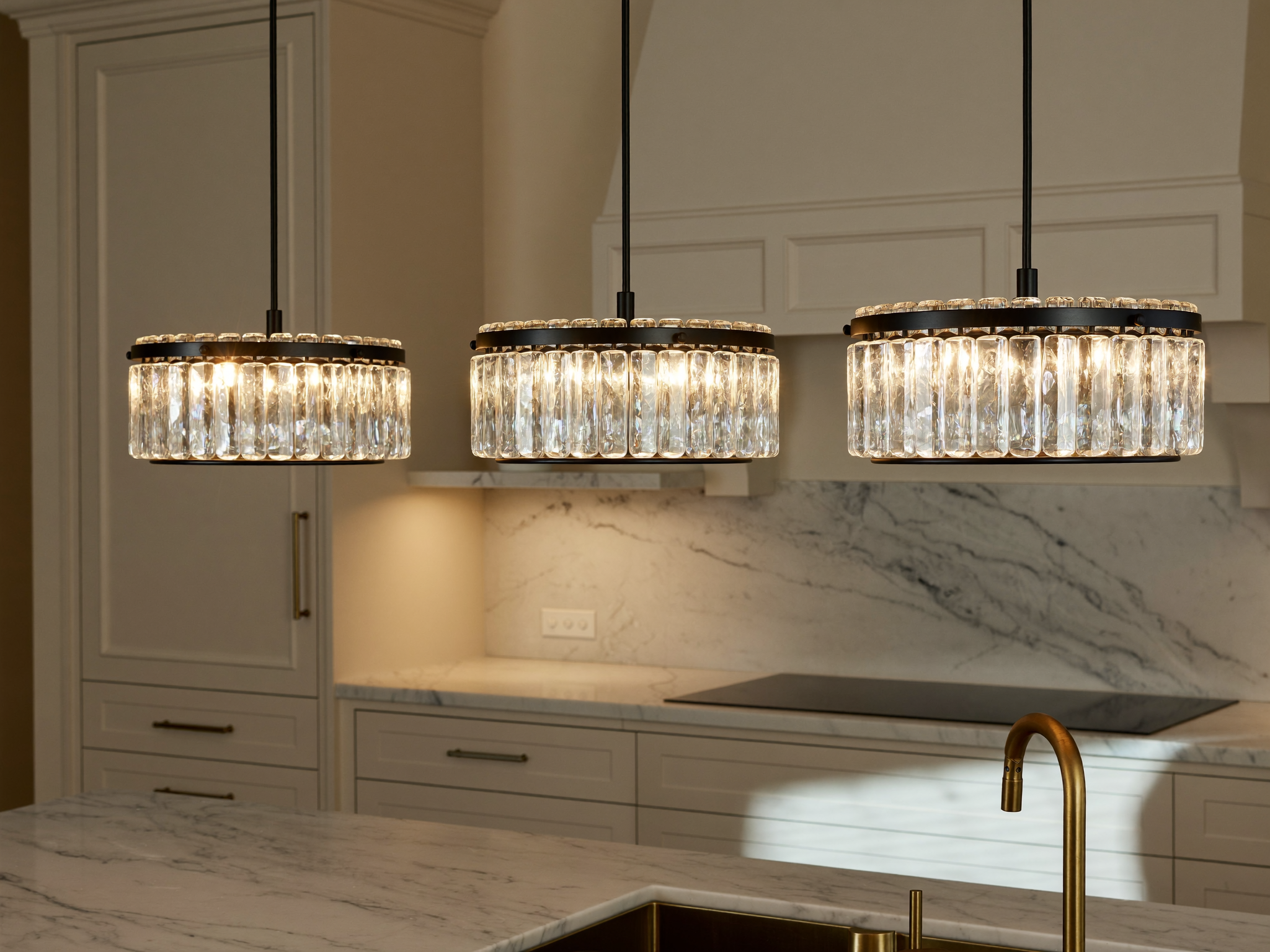 Three mini crystal pendant lights glowing over a marble kitchen island
